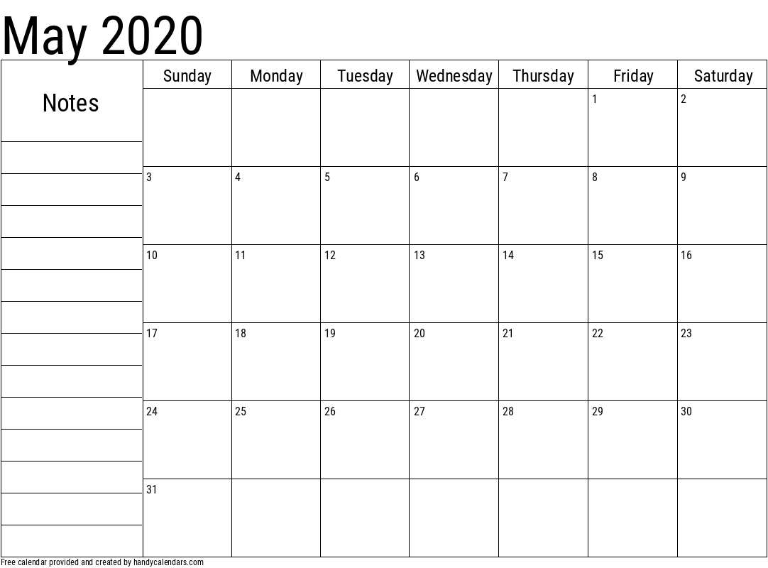 2020 May Calendar with Notes Template