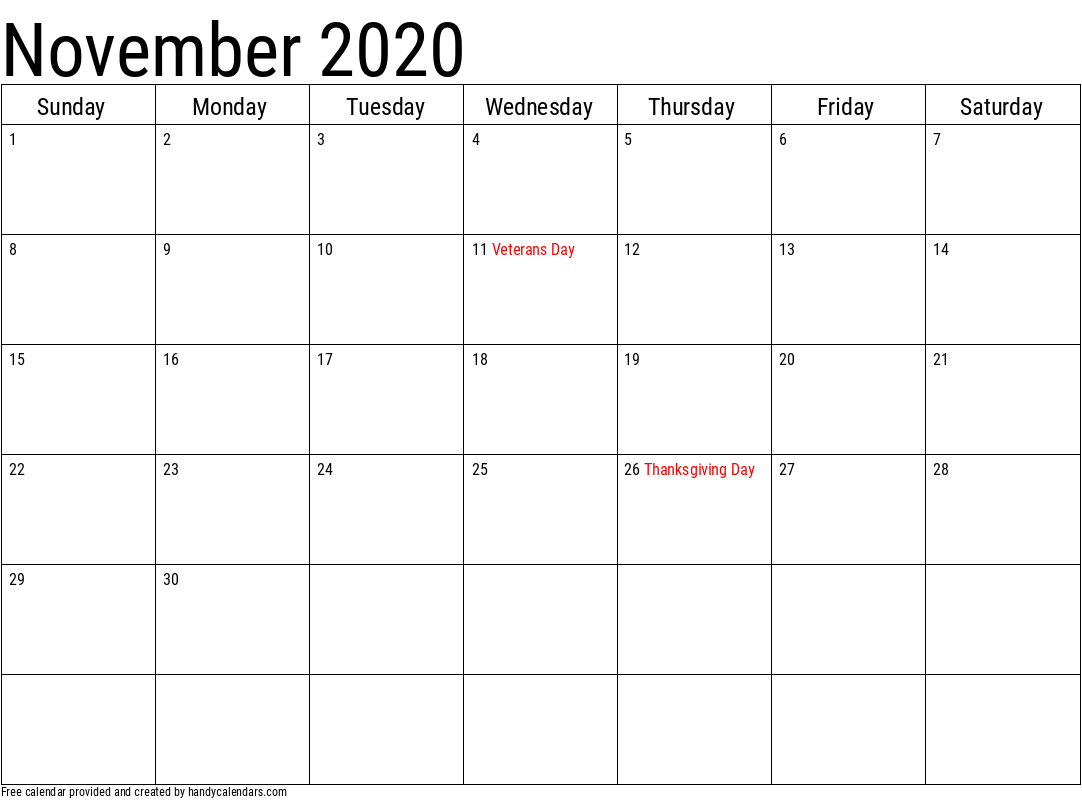 November calendar 2020 deals printable