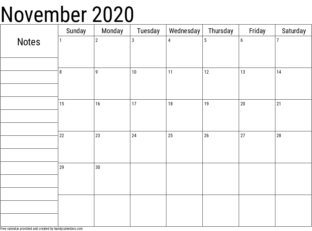 2020 November Calendar with Notes Template