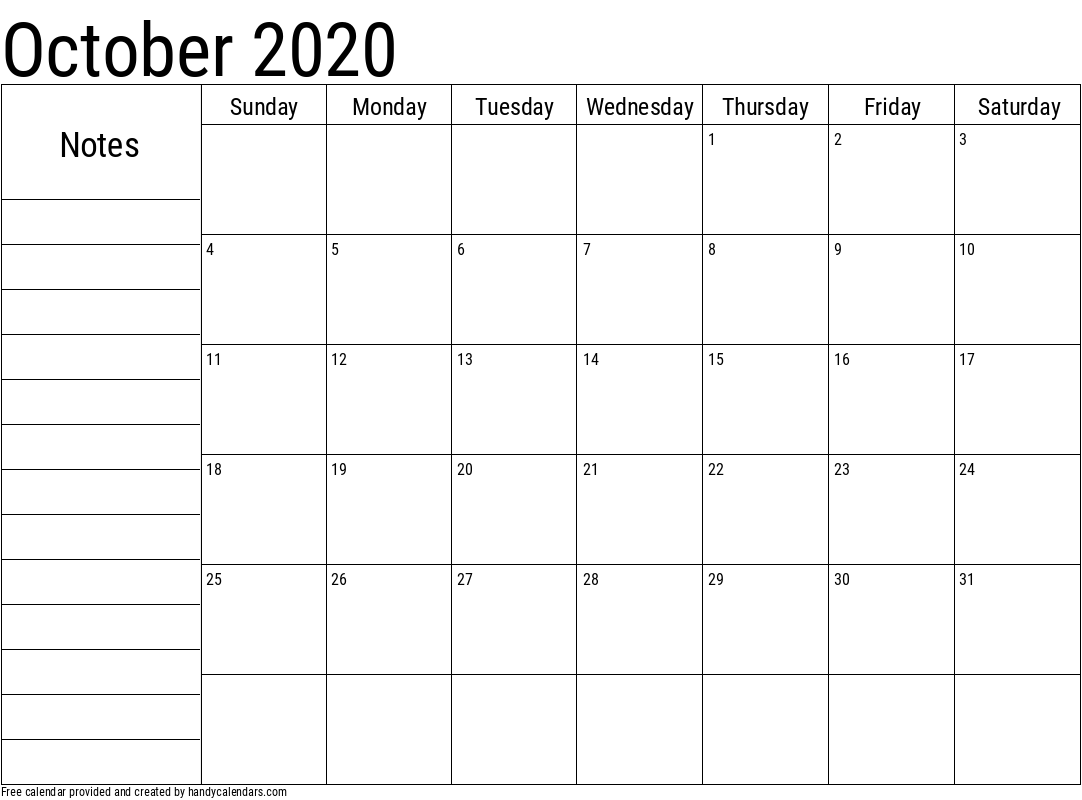 2020 October Calendar with Notes Template