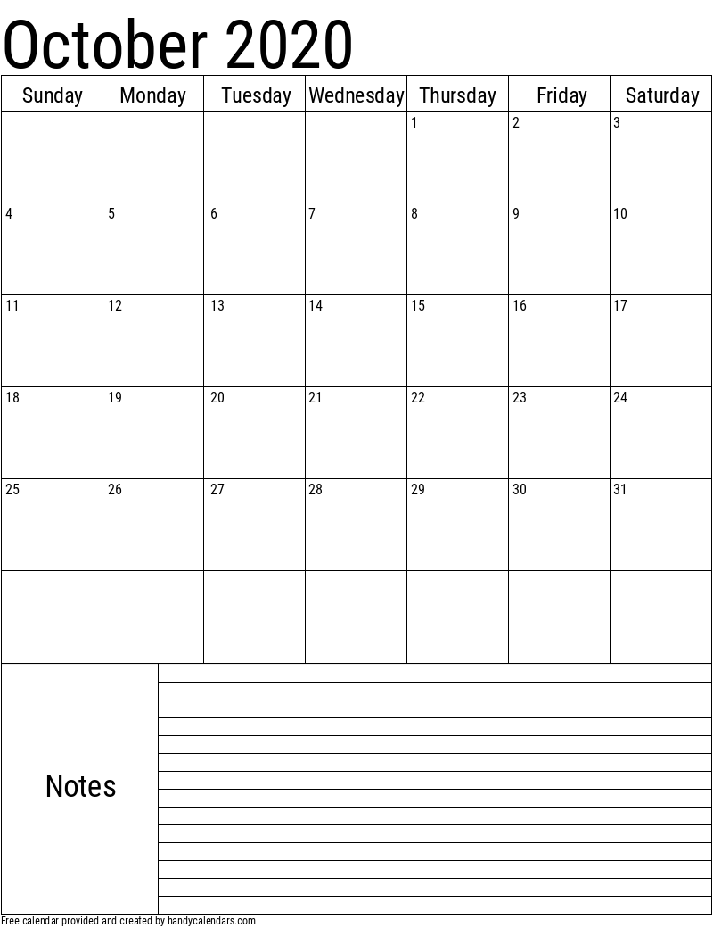 2020 October Vertical Calendar with Notes Template