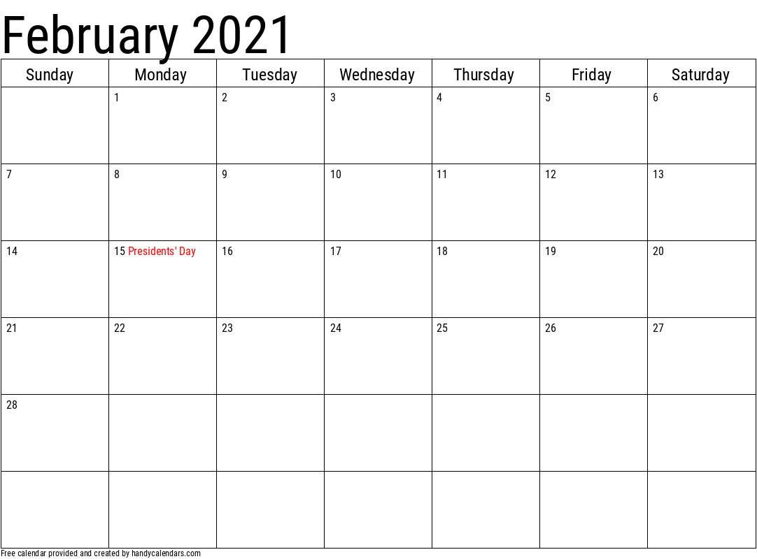 2021 February Calendar Template with Holidays