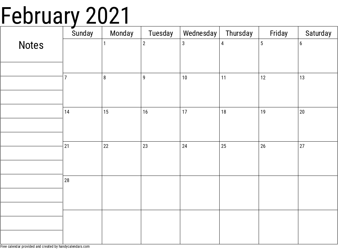 2021 February Calendar with Notes Template