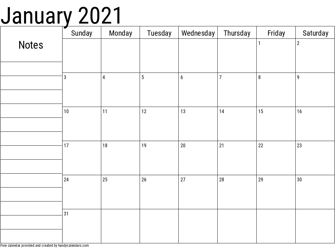 2021 January Calendar with Notes Template