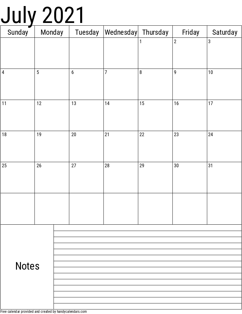 2021 July Vertical Calendar with Notes Template