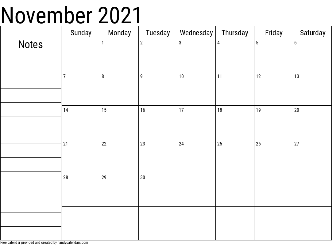 2021 November Calendar with Notes Template
