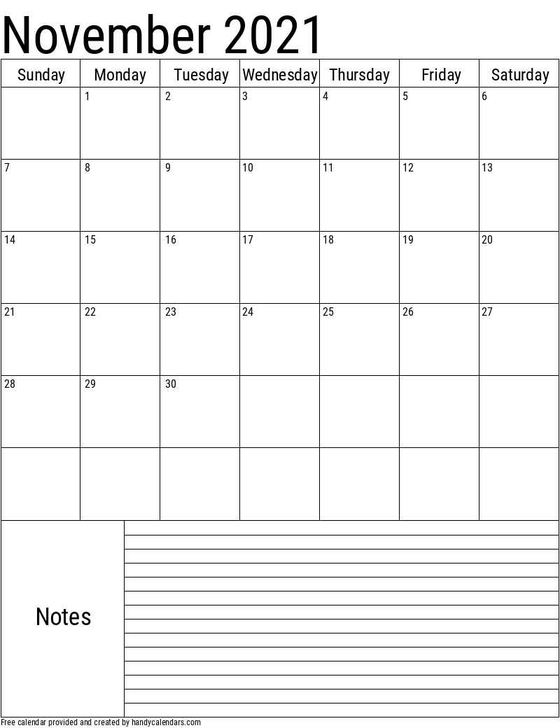 2021 November Vertical Calendar with Notes Template