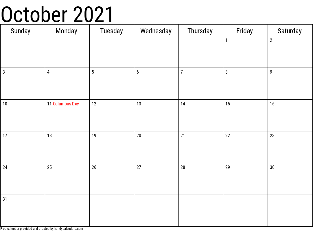 2021 October Calendar Template with Holidays