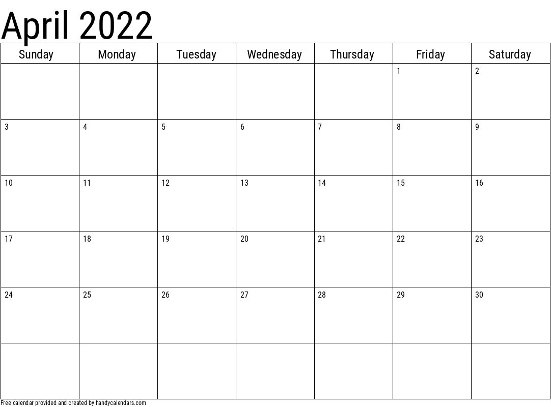 Free April 2022 Calendar 2022 April Calendars - Handy Calendars