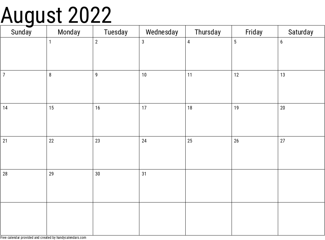 2022 August Calendars - Handy Calendars