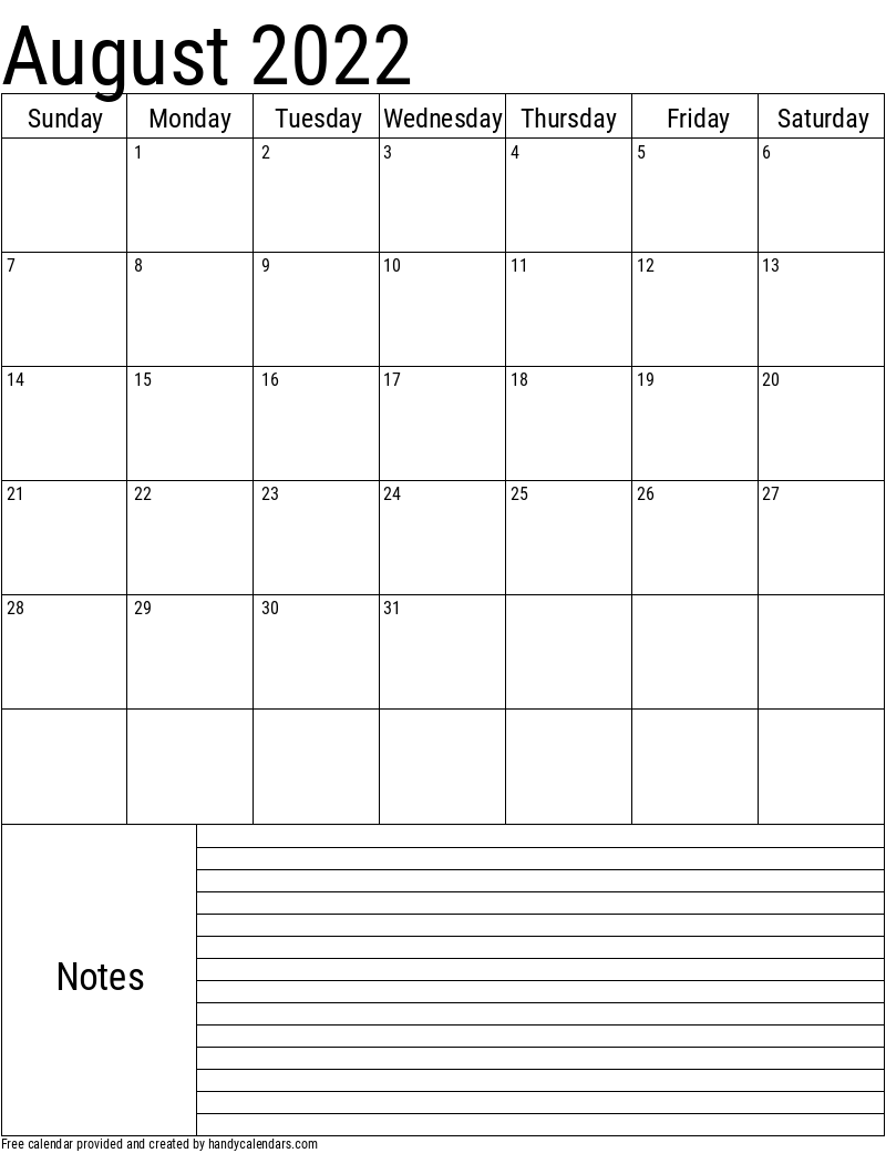 2022 August Vertical Calendar with Notes Template