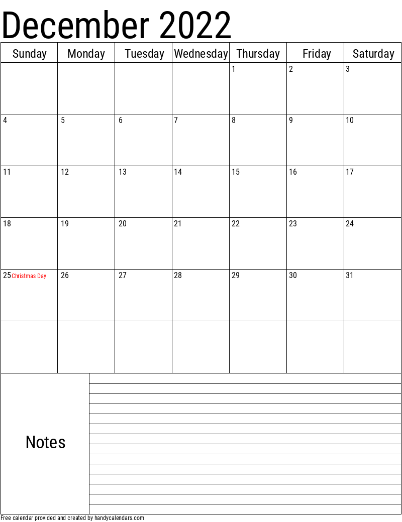 December 2022 Vertical Calendar With Notes And Holidays