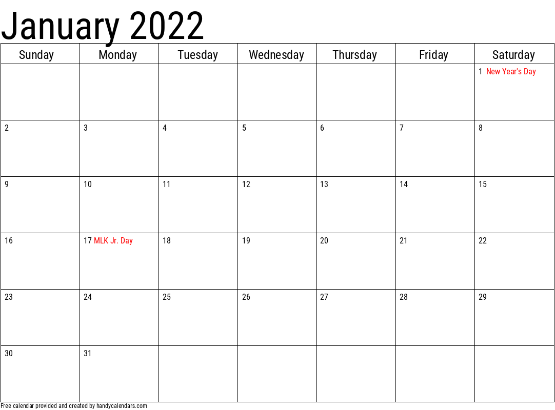 2022 January Calendar Template with Holidays