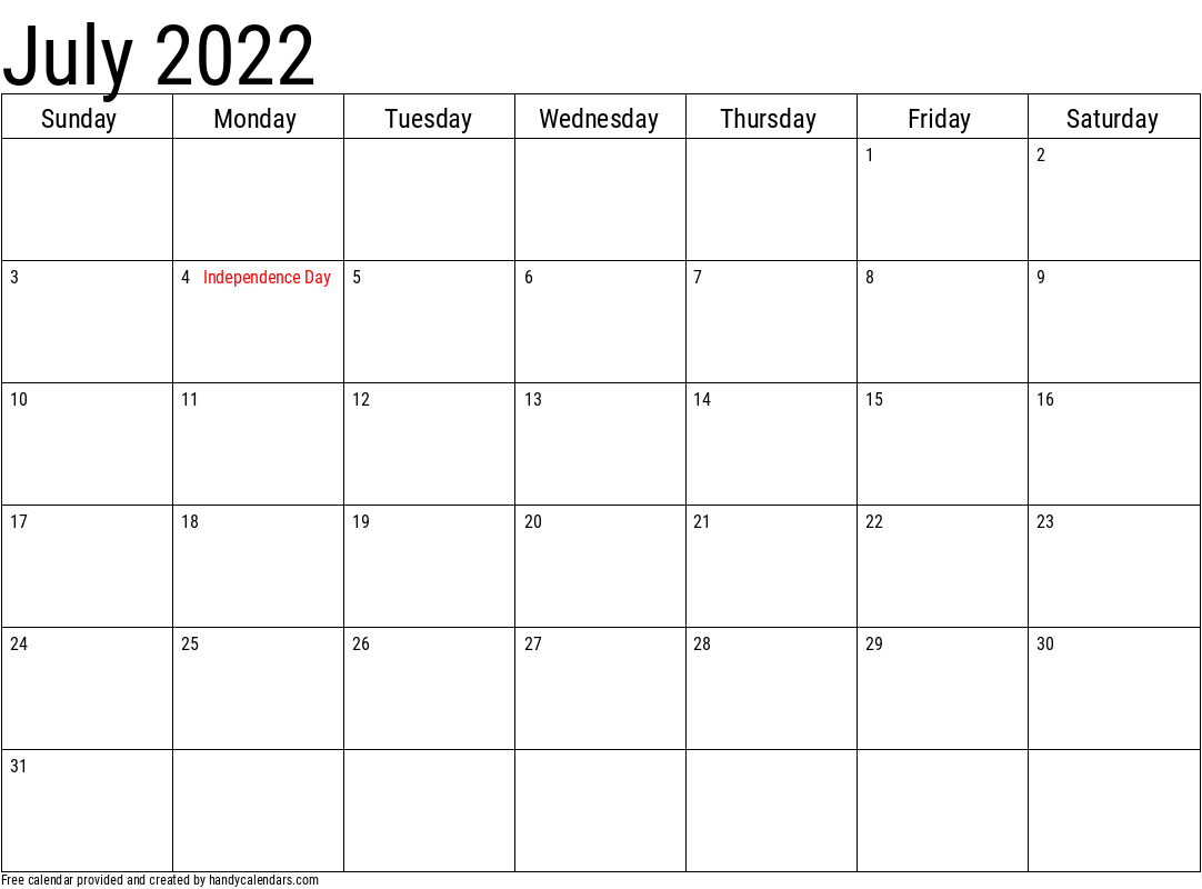 Free Printable Calendar July 2022 2022 July Calendars - Handy Calendars