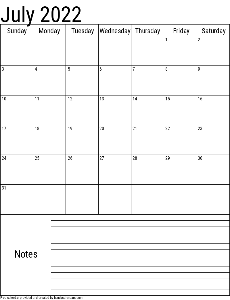 2022 July Vertical Calendar with Notes Template