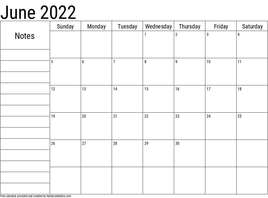 2022 June Calendar with Notes Template