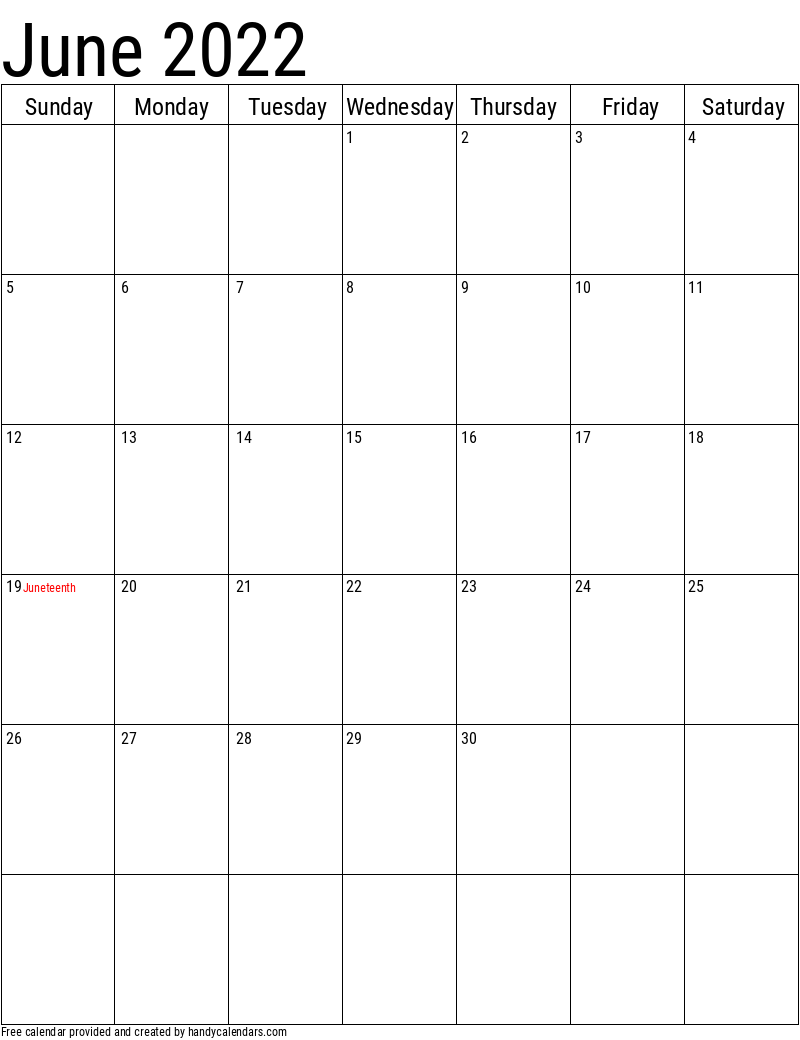 June 2022 Vertical Calendar With Holidays Handy Calendars