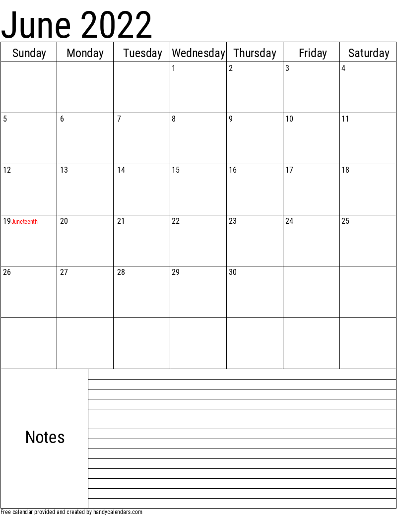 June 2022 Vertical Calendar With Notes And Holidays