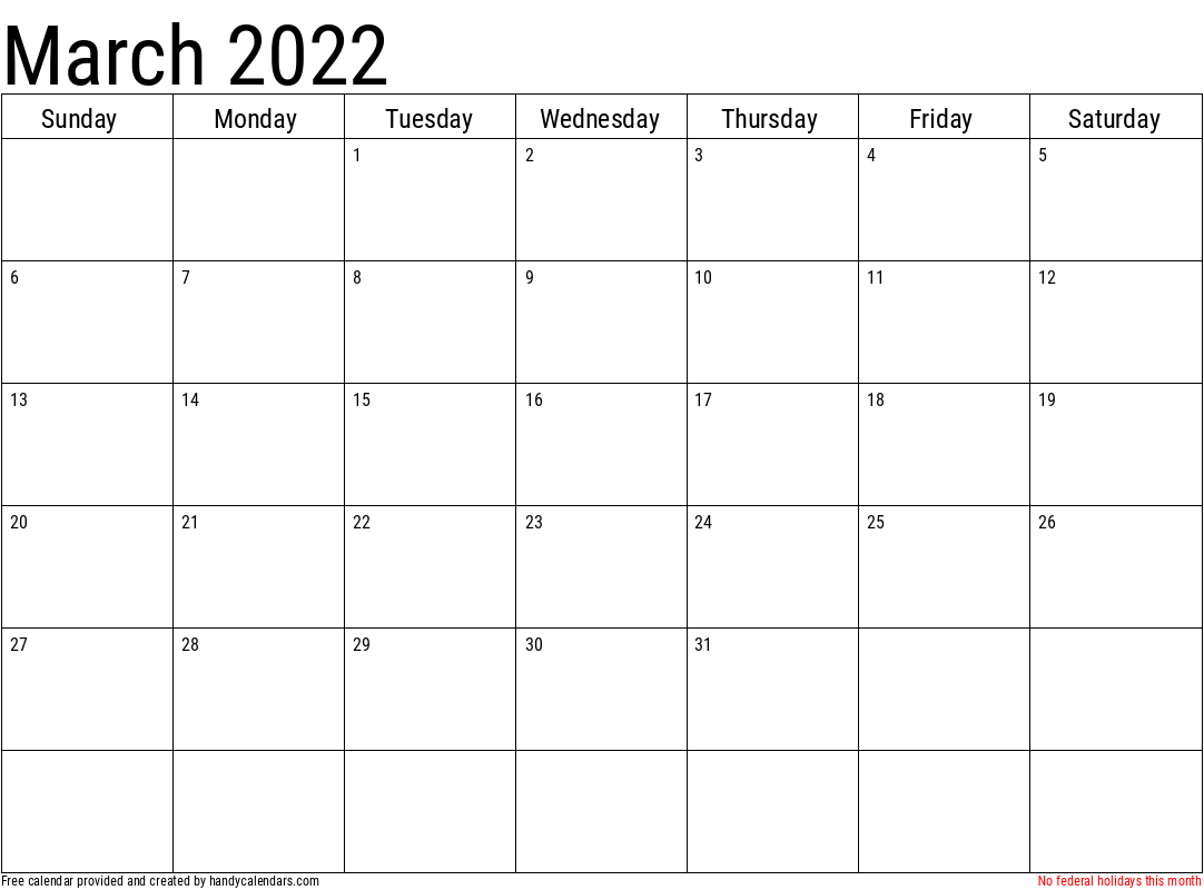 2022 March Calendar Template with Holidays