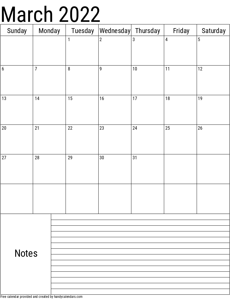 2022 March Vertical Calendar with Notes Template
