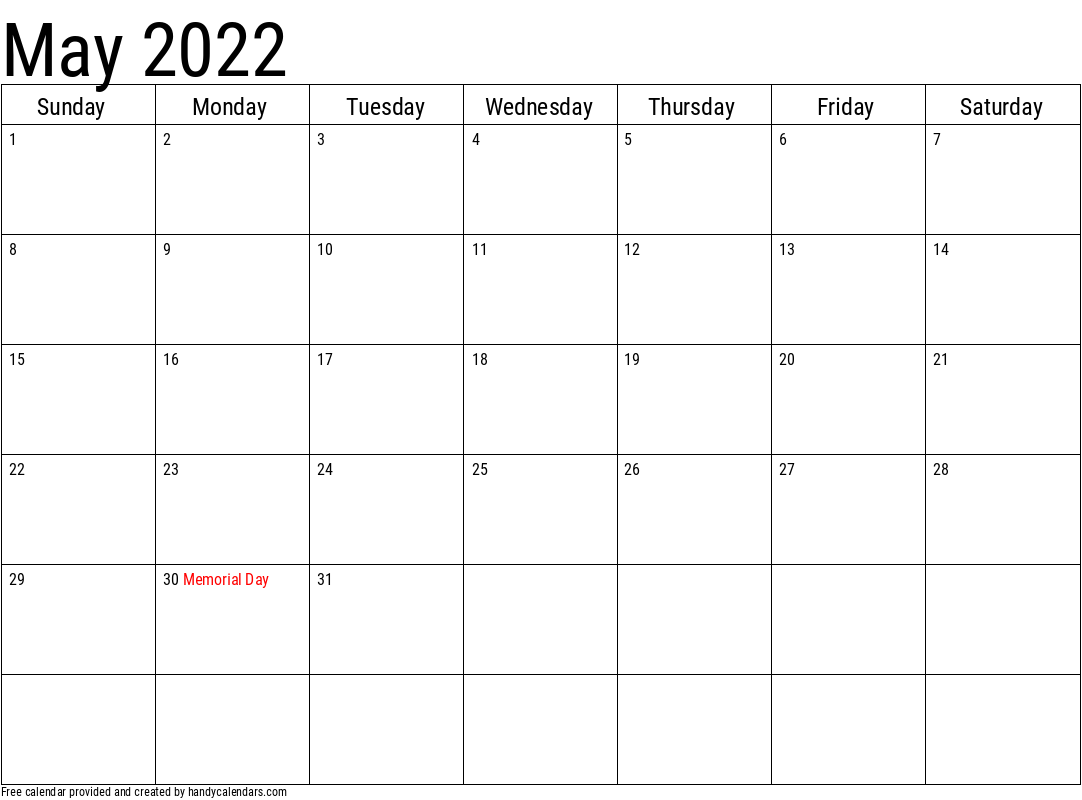 2022 May Calendar Template with Holidays
