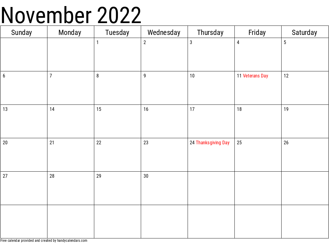2022 November Calendar Template with Holidays