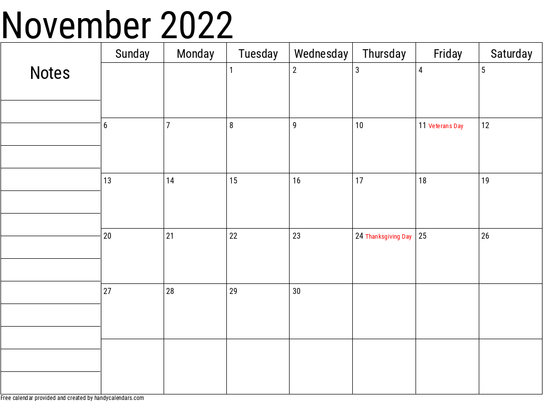 November 2022 Calendar With Notes And Holidays