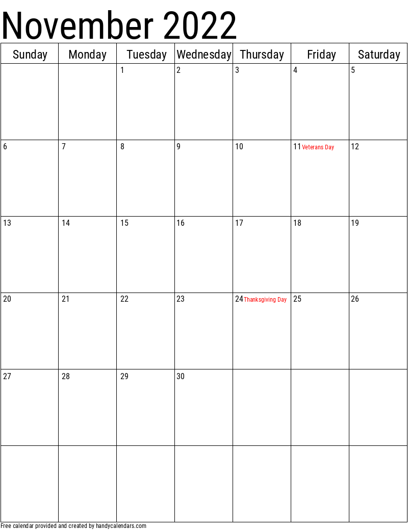 November 2022 Vertical Calendar With Holidays