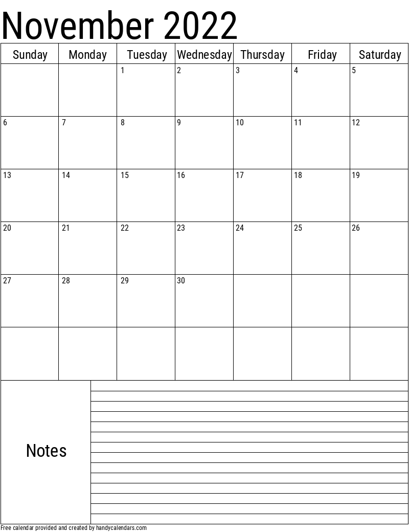 November 2022 Vertical Calendar With Notes