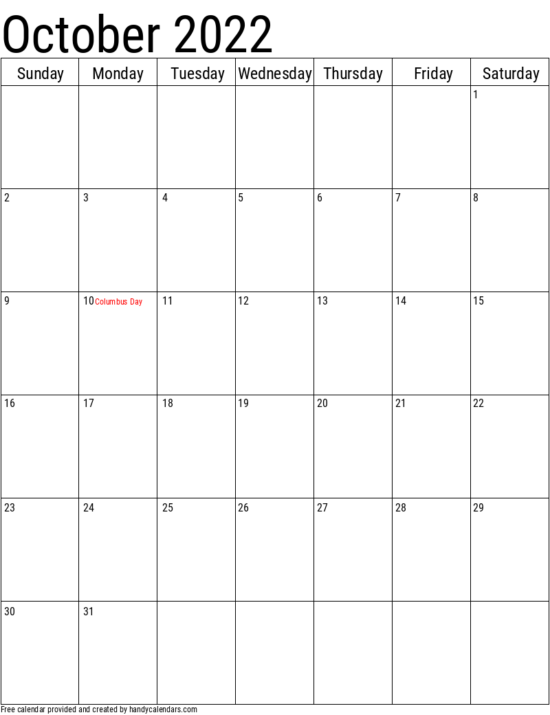 October 2022 Vertical Calendar With Holidays
