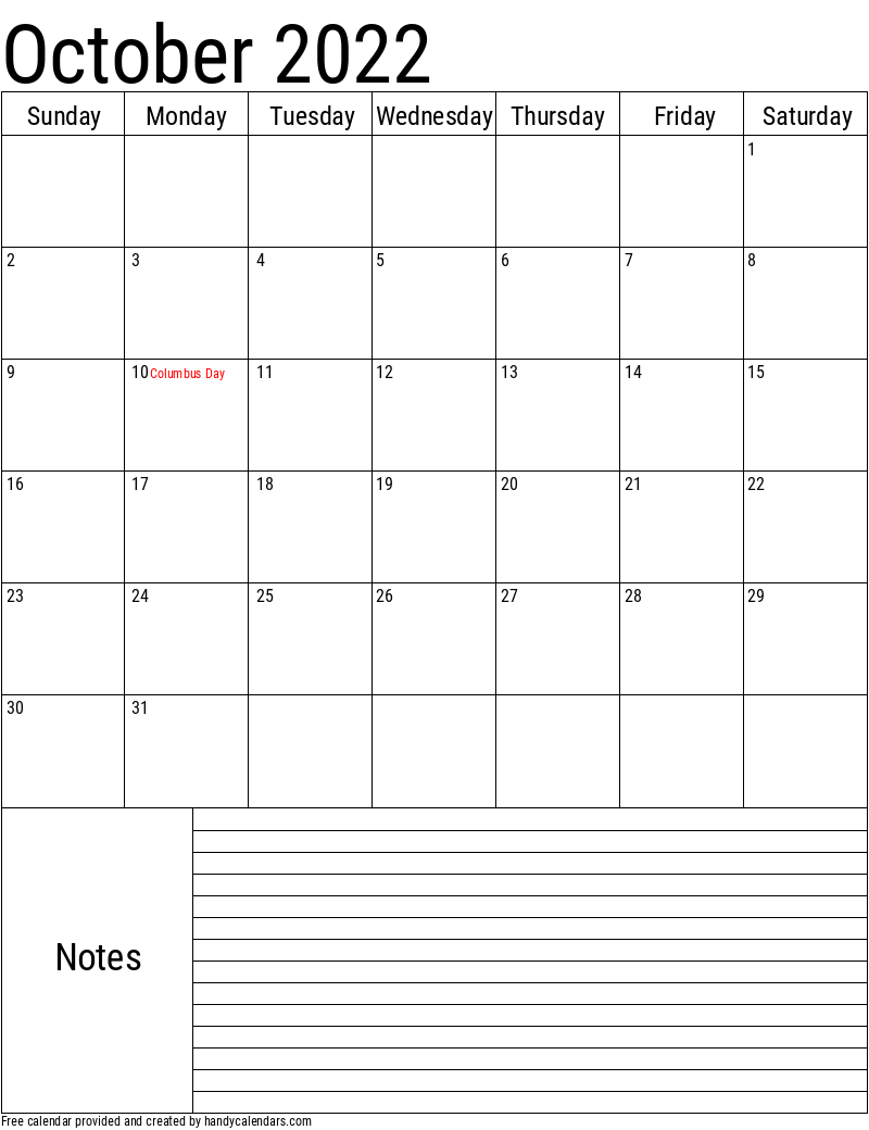 October 2022 Vertical Calendar With Notes And Holidays