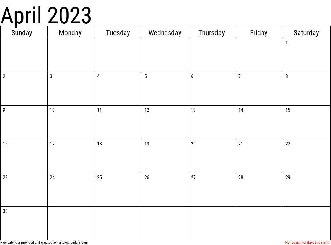 2023 April Calendar Template with Holidays