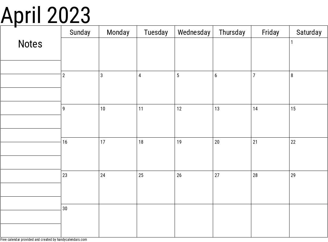 2023 April Calendar with Notes Template