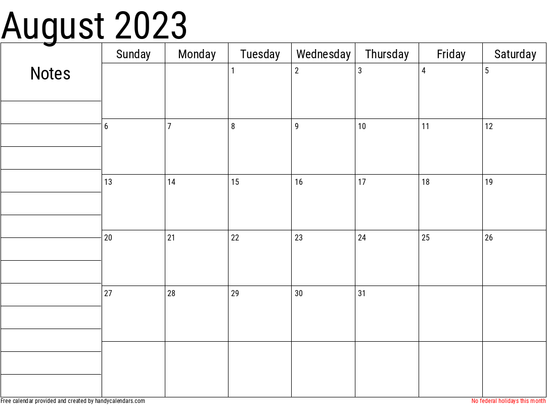 August 2023 Calendar With Notes And Holidays