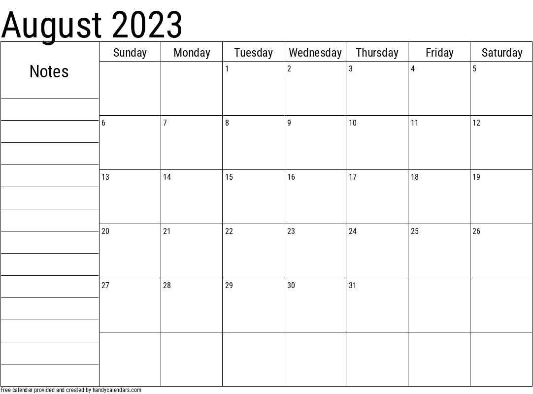 2023 August Calendar with Notes Template