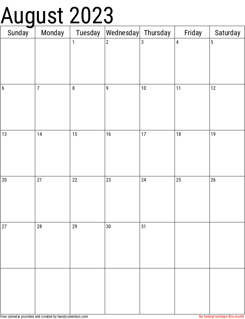 August 2023 Vertical Calendar With Holidays