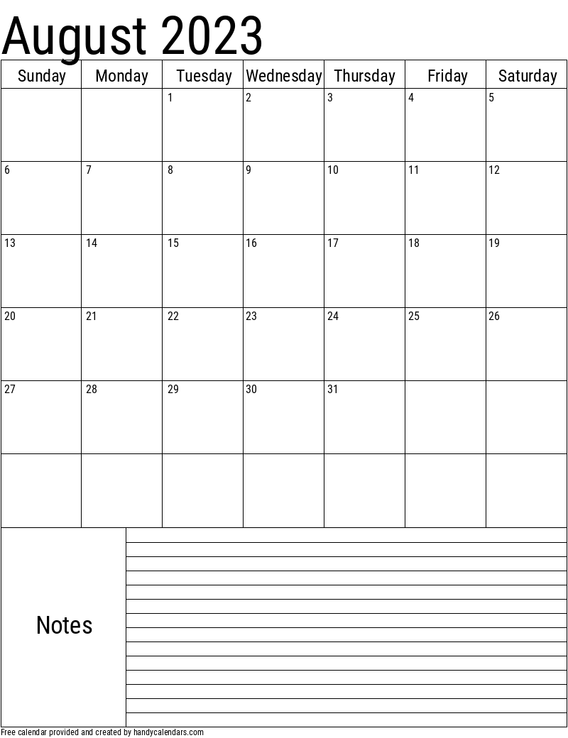 2023 August Vertical Calendar with Notes Template