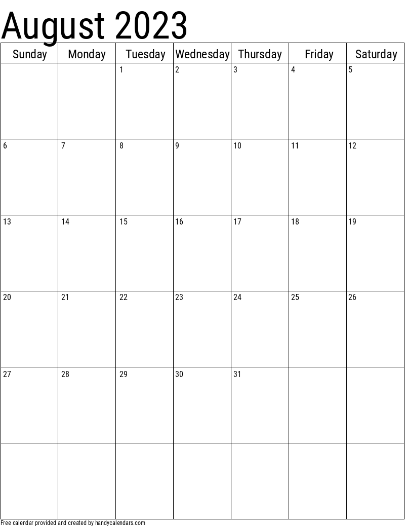 August 2023 Vertical Calendar Template