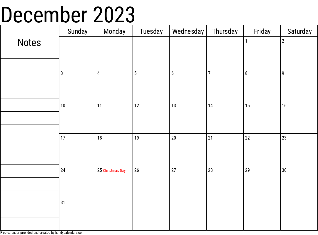 December 2023 Calendar With Notes And Holidays