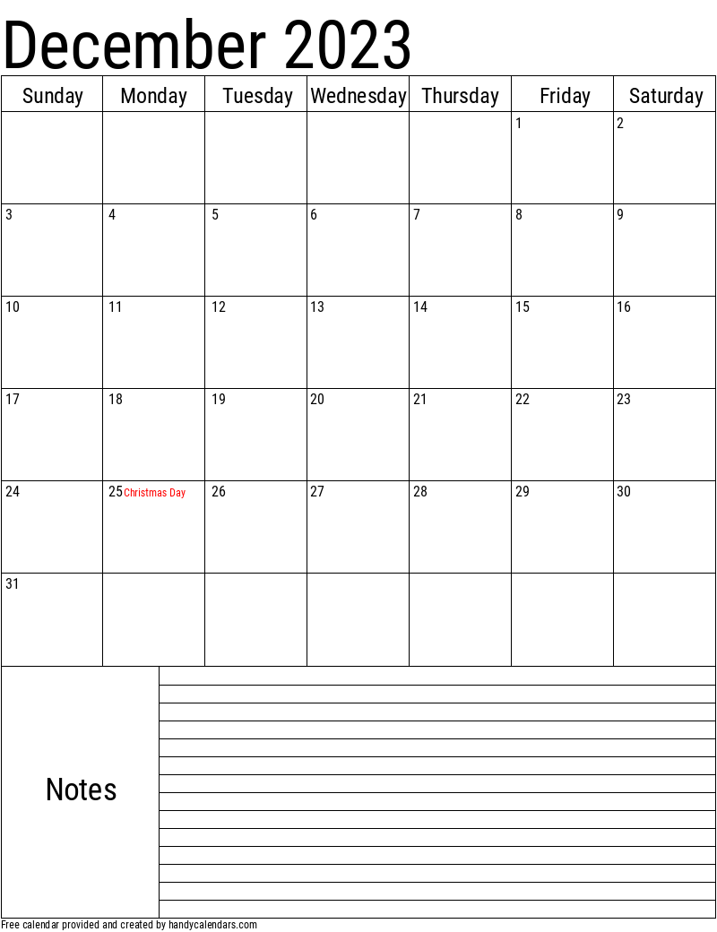 December 2023 Vertical Calendar With Notes And Holidays