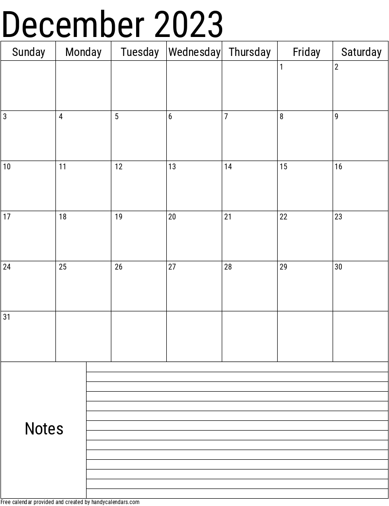 2023 December Vertical Calendar with Notes Template