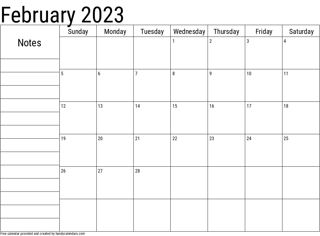 2023 February Calendar with Notes Template