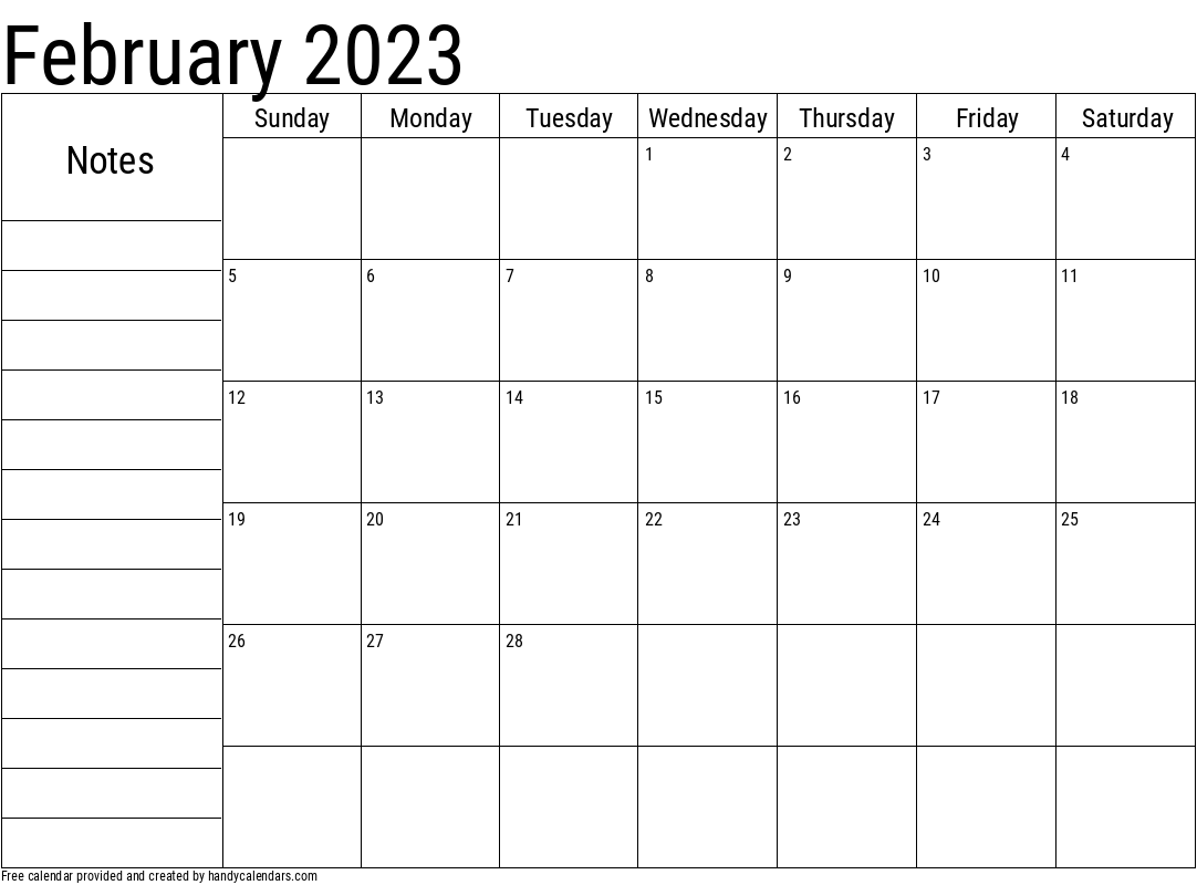 February 2023 Calendar With Notes - Handy Calendars