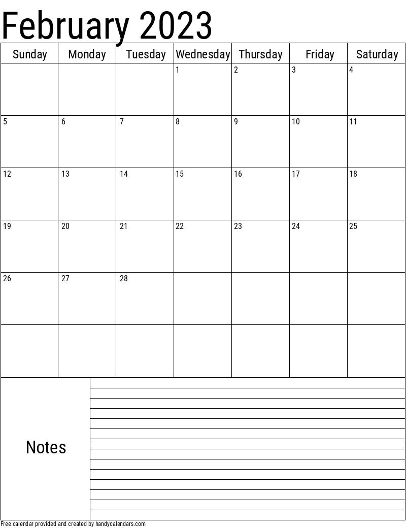 2023 February Vertical Calendar with Notes Template