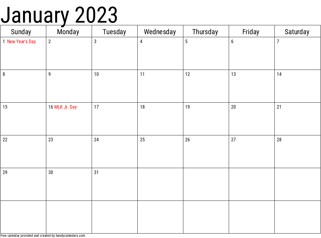 2023 January Calendar Template with Holidays