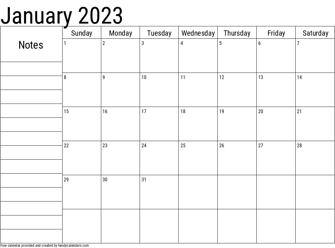 2023 January Calendar with Notes Template