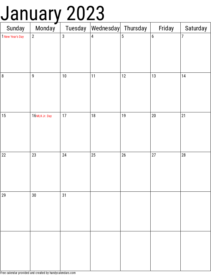 January 2023 Vertical Calendar With Holidays