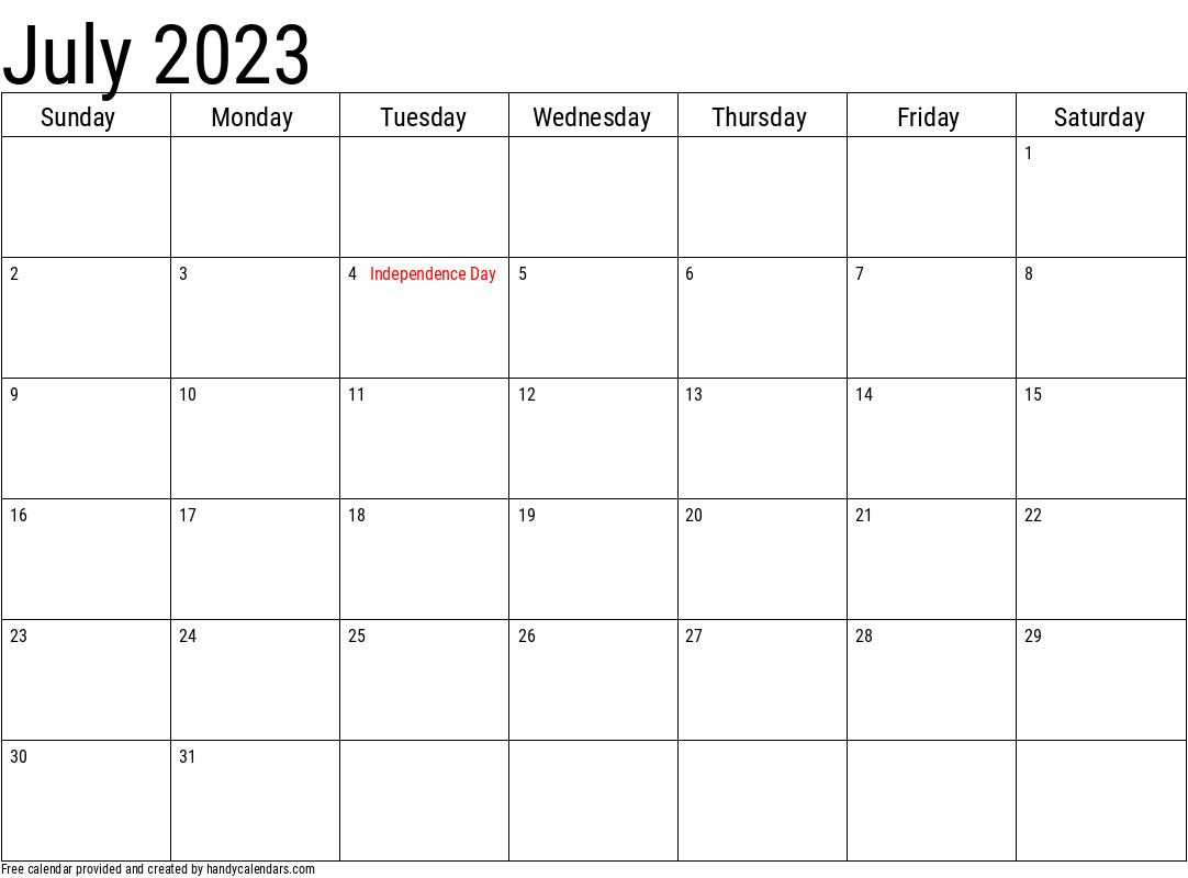 2023 July Calendar Template with Holidays