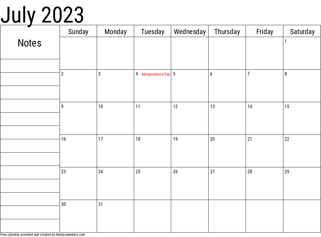 July 2023 Calendar With Notes And Holidays