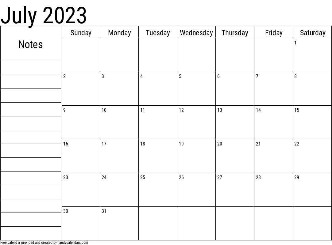 2023 July Calendar with Notes Template